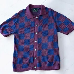 EUC Massive Luxury Men's Sweater Shirt Cardigan Large Short Sleeve Burgundy Blue